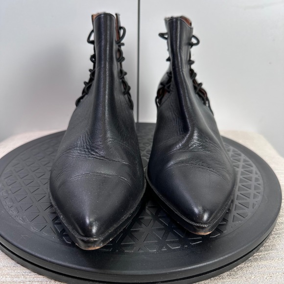 Linea‎ Paolo Womens 7M Black Leather Pointed Toe Lace Up Block Heel Ankle Boots - Picture 2 of 9